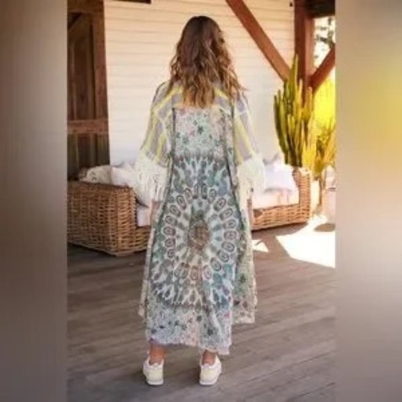 Free People Watching Waves Maxi Shirt Cover-up Oversized Aquamarine Boho Size XS - Picture 5 of 14